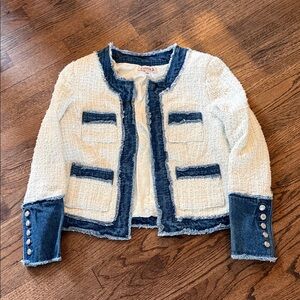 Nanette Lepore Cream Tweed Jacket with Blue Denim Trim